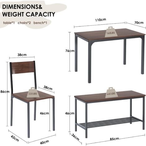 NEED Ensemble de Table de Salle à Manger pour 4 Personnes, Table de Cuisine de 110cm, 2 Chaises, Banc pour 2 Personnes avec Étagère de Rangement, Ensemble de Meubles gigognes pour Salle à Manger,Noyer