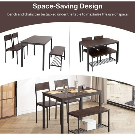 NEED Ensemble de Table de Salle à Manger pour 4 Personnes, Table de Cuisine de 110cm, 2 Chaises, Banc pour 2 Personnes avec Étagère de Rangement, Ensemble de Meubles gigognes pour Salle à Manger,Noyer