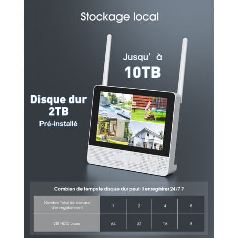 KIT Caméra de Surveillance 10" NVR 4 Caméras 5MP 360° VidéoSurveillance Audio Bidirectionnel Suivi automatique Disque dur 2To-ANRAN