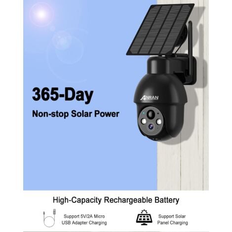 ANRAN 2PCS Caméra de surveillance WiFi Extérieure sans Fil Solaire 360°PTZ , Camera batterie avec panneau solaire, Vision Nocturne Couleur PIR Détection Humaine Sirène d'alarme