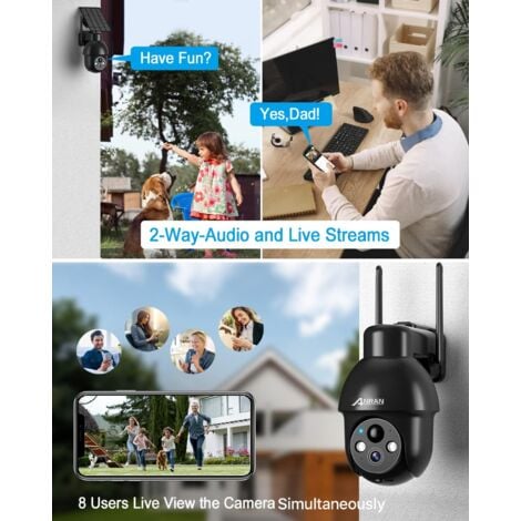 ANRAN 2PCS Caméra de surveillance WiFi Extérieure sans Fil Solaire 360°PTZ , Camera batterie avec panneau solaire, Vision Nocturne Couleur PIR Détection Humaine Sirène d'alarme