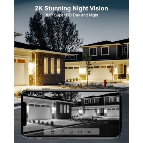 Lot de 2 Caméra de surveillance interieur / exterieur sans fil, 2K WiFi pour sécurité à domicile, caméras alimentées par piles avec projecteur, détection mouvement, vision nocturne couleur, ANRAN C2