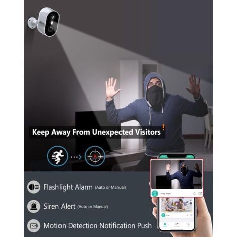 Lot de 2 Caméra de surveillance interieur / exterieur sans fil, 2K WiFi pour sécurité à domicile, caméras alimentées par piles avec projecteur, détection mouvement, vision nocturne couleur, ANRAN C2