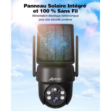 ANRAN 5MP Caméra Surveillance WiFi Extérieure sans Fil, Panneau Solaire Intégré, Caméra IP sur Batterie, Vision Nocturne Couleur, Détection Humaine, Audio Bidirectionnel, Sirène d'alarme, Q4 Max Noir