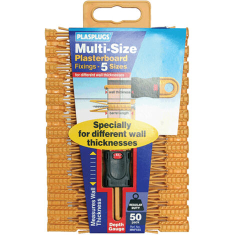 Plasplugs Multi-Size Plasterboard Drywall Fixings (50 Pieces) with Depth Gauge – Model PLAMNF555 (1/2)