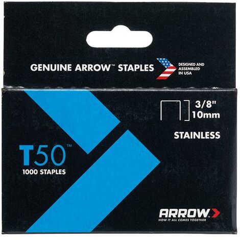 ARROW T50/T55 Stainless Steel Staples 0.050 Wire 10mm (3/8 in) Box 1000 (1/3)