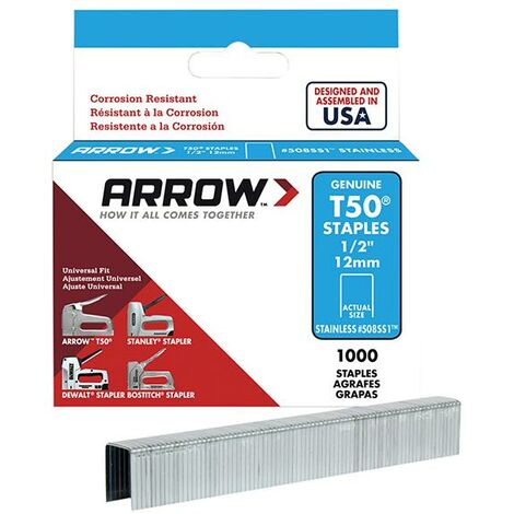 ARROW T50 Stainless Steel Staples 0.050 Wire, 12mm (1/2in) Box 1000 (1/3)