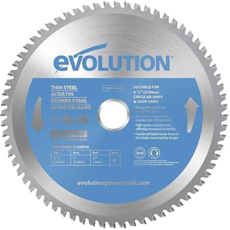 Evolution T210TCT-68CS 210mm Thin Steel Cutting Blade with Carbide Tip for Metal, Heat-Resistant, Low Vibration, Sparks-Free (1/4)