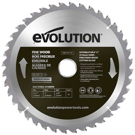 Evolution Fine Wood Mitre/Table Saw Blade 210 x 25.4mm x 40T
