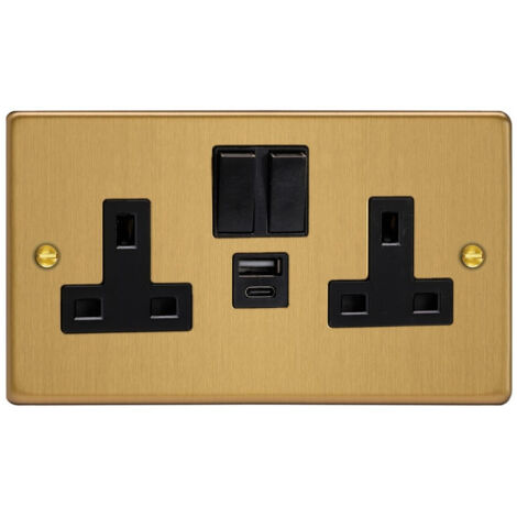 Varilight 2-Gang Brushed Brass Switched Double Socket with 20W Shared USB-A and USB-C Charging Ports