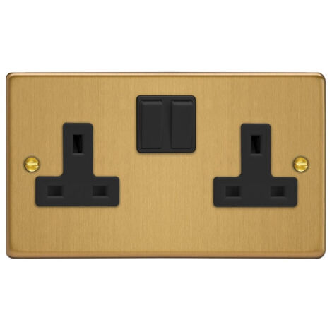 Varilight 2-Gang 13A Double-Pole Switched Socket Brushed Brass Metal-Clad with Brown Insert