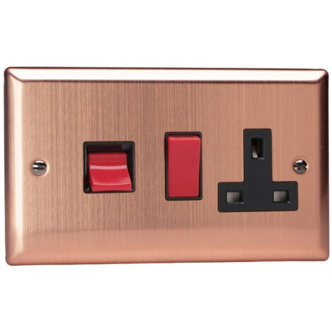 Varilight 45A Cooker Panel with 13A Double Pole Switched Socket and Red Rocker Brushed Chrome