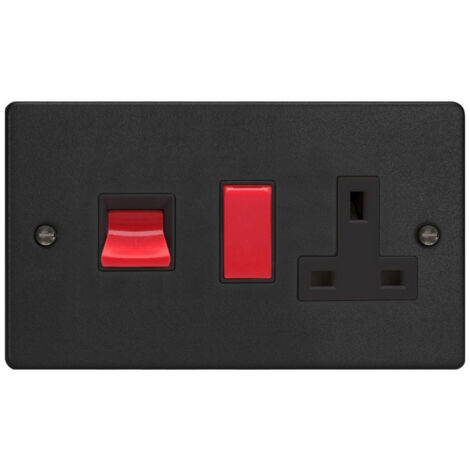 Varilight 45A Cooker Panel with 13A Double Pole Switched Socket Outlet Red Rocker Matt Black