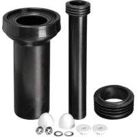 McAlpine FPKIT-3 WC Frame Connector Kit comprising WC Connector with 90mm plain end, 110mm outlet seal, flush pipe with finned seal connector and fixing bolts and caps.