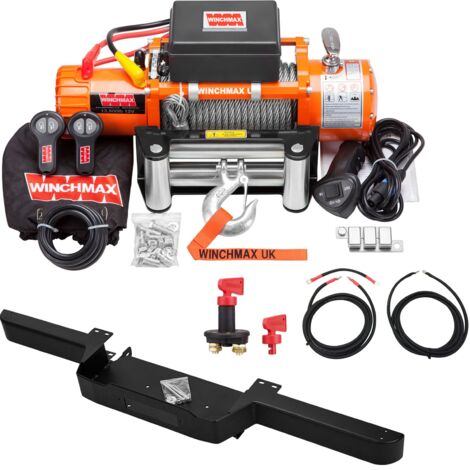 6.123 kg originale orangefarbene 12-V-Elektrowinde. Defender-Stoßstange. 26 m x 9,5 mm Stahlseil. Verkabelungssatz und Isolator.