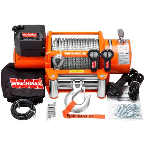 7.711 kg originale orangefarbene 24-V-Elektrowinde. 26 m x 12 mm Stahlseil. Drahtlose Fernbedienungen.