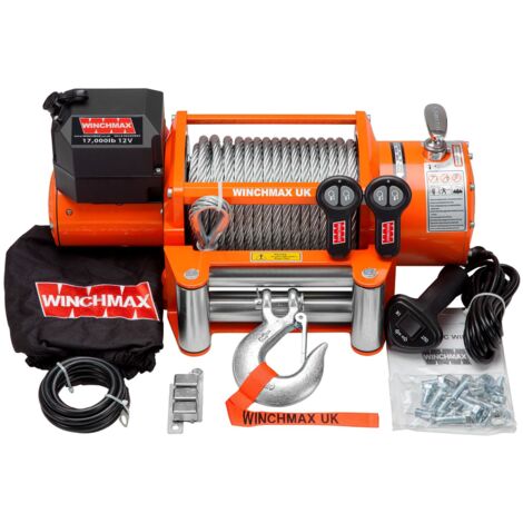 7.711 kg originale orangefarbene 12-V-Elektrowinde. 26 m x 12 mm Stahlseil. Drahtlose Fernbedienungen.