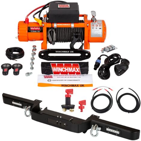 6.123 kg originale orangefarbene 12-V-Winde. Defender-Stoßstange. 25 m x 10 mm Armourline-Seil. Verkabelungssatz und Isolator.