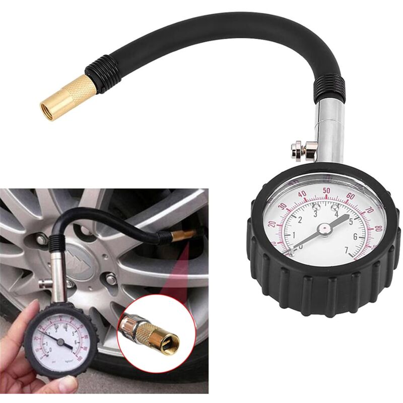 Manomètre Pression Pneus 170 PSI / 12 Bar – Tuyau Inox 304 – Pour Voiture, Moto, Vélo, Camion – Avec Adaptateurs