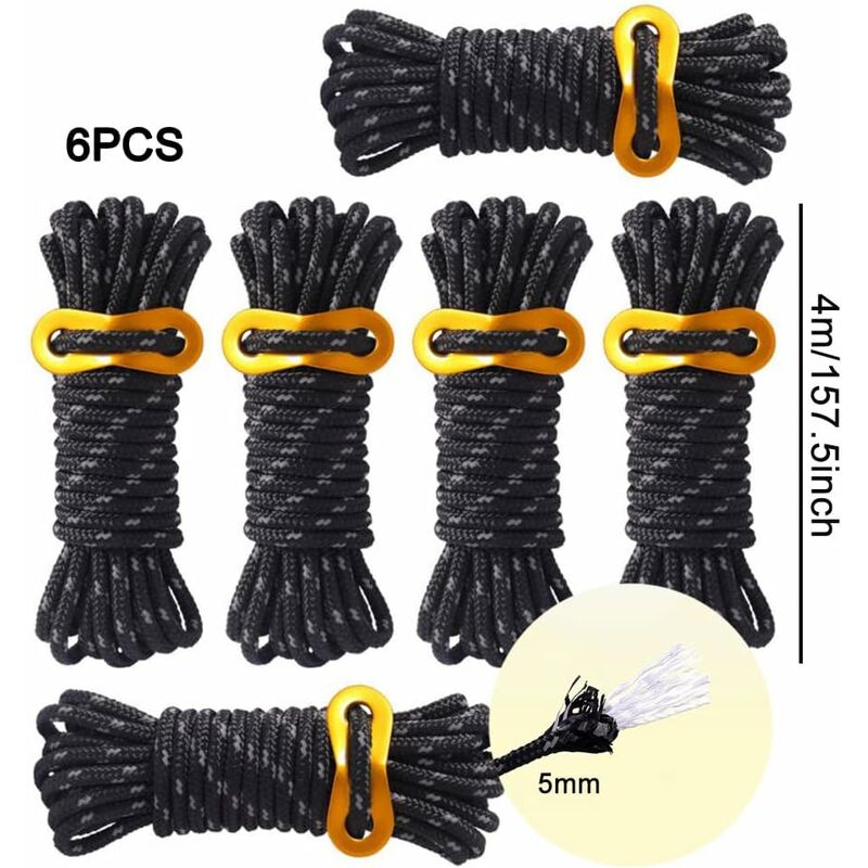 6 Pièces Corde De Tente Réfléchissante, 4M/4mm Cordes De Tente Avec Poulie Corde A Cliquet Reglable Corde Nylon Escalade Pour Camping Tente Bache Randonnee Suspension 88426963