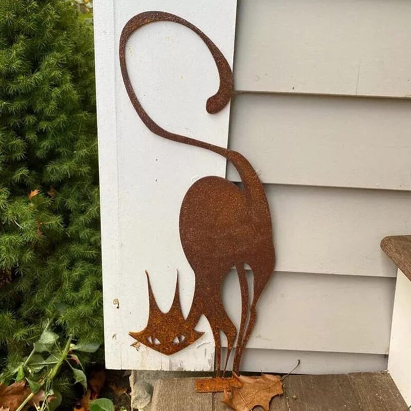 Figurine De Chat Jardin Avec Ailes Noires - Décoration Extérieure Métal, 23,3 X 28 Cm - Pour Halloween, Jardin, Cour