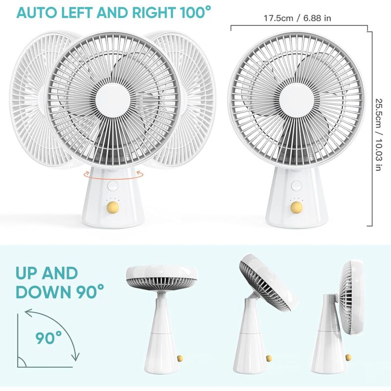 Ventilateur Silencieux, 25 Cm Oscillant Ventilateurs De Table 4 Vitesses Ventilateur Sans Fil 3000 Mah Batterie Rechargeable Usb Ventilateur De Bureau Pour Chambre Table Bureau Blanc 65090822