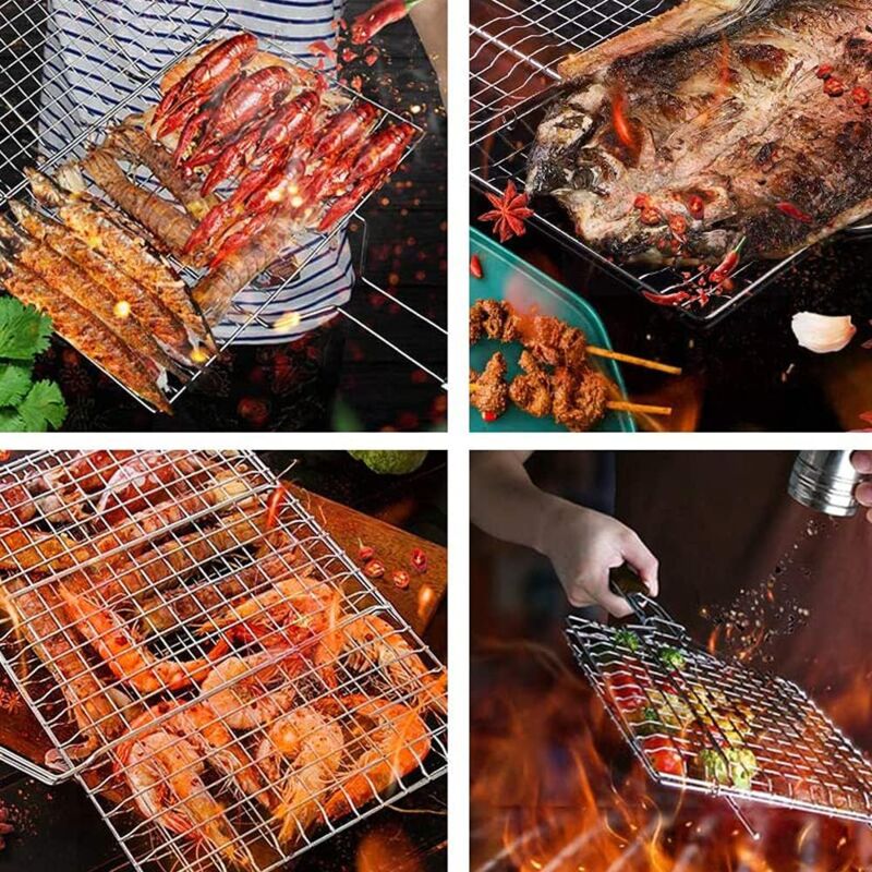 Panier à Griller Barbecue Acier Inox - 32x32x3,5 Cm, Poignée Longue, Pour Poisson, Légumes, Viandes