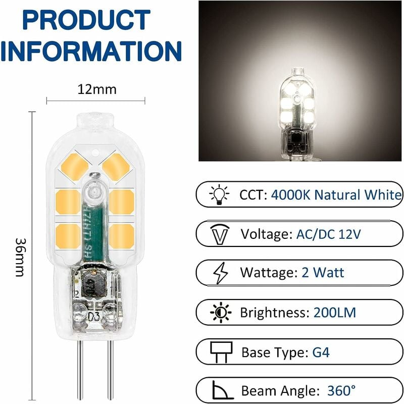 Ampoule LED G4 3W 12V équivalent 20W - Blanc Naturel 4100K