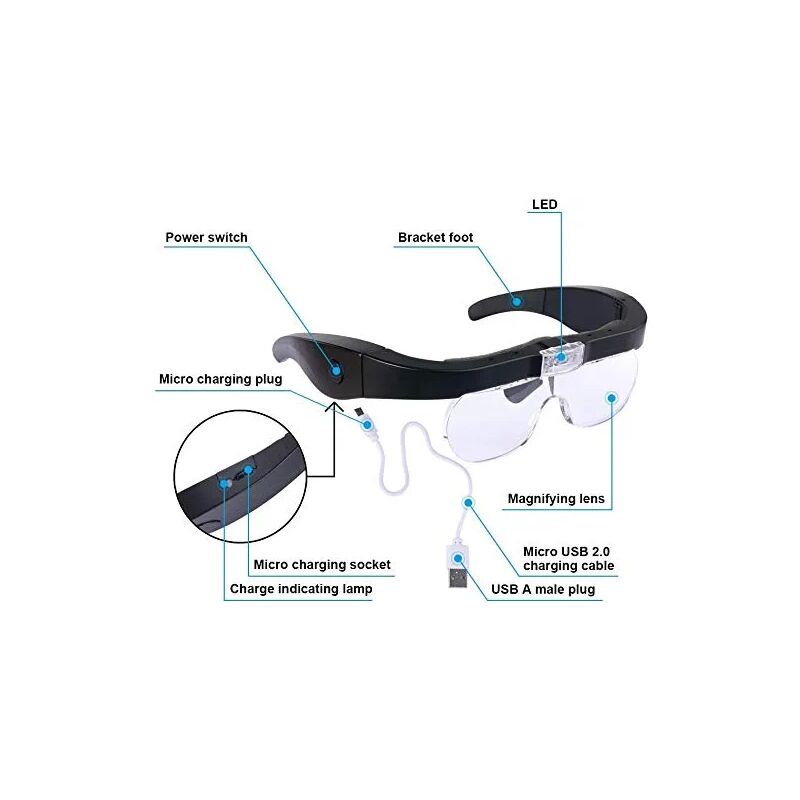 Lunettes Loupe 200% Avec LED - Mains Libres - Pour Lecture, Bijoux, Bricolage - Confortable Et Ajustable