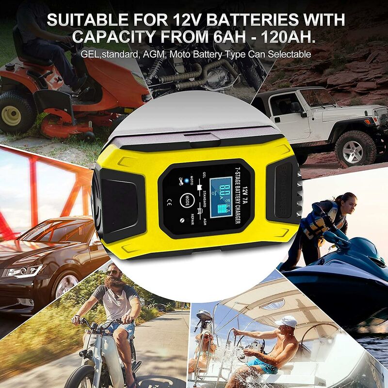 Chargeur de batterie intelligent 7A/12V chargeur de moto rapide portable  avec mode de réparation de protection d'affichage LCD pour voiture moto  Auto jaune