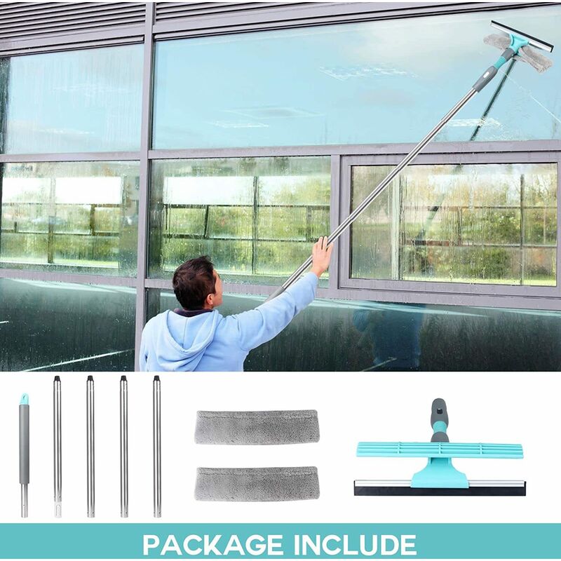 Raclette Lave-vitres Télescopique 3,5m - Tête Rotative 180° - 2 Chiffons Microfibre - Nettoyage Fenêtres, Miroirs