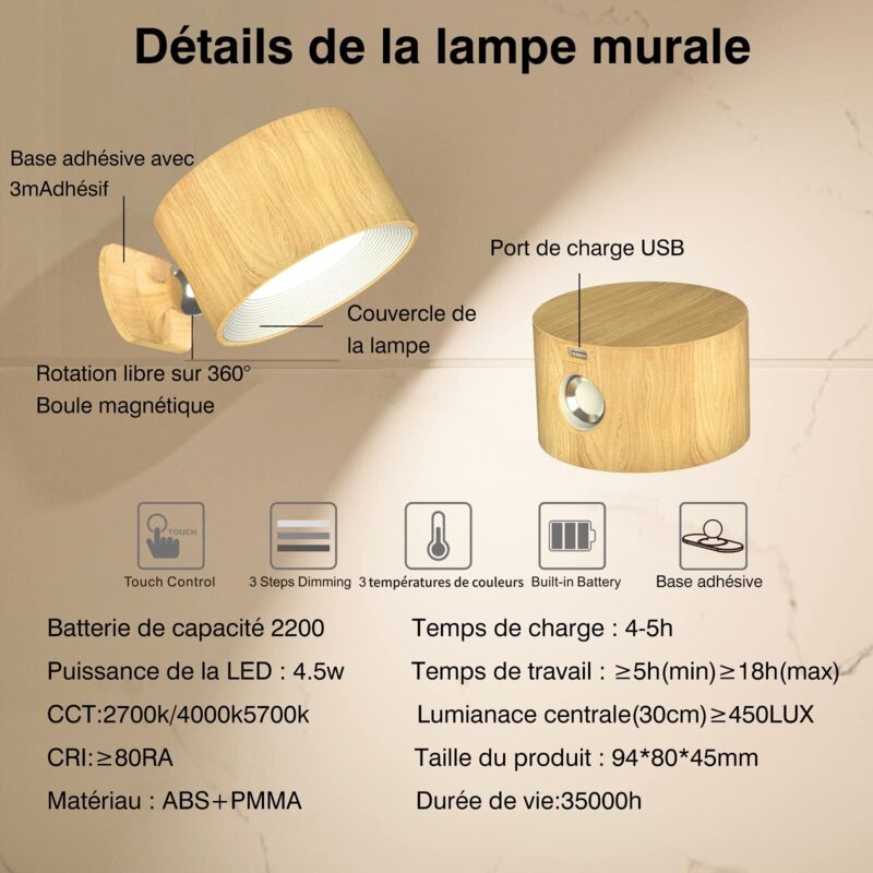 éclairage Mural Design Magnétique Mémoire Applique Murale Interieur, Lampe Murale Touch LED Avec Port De Charge USB Contrôle Tactile, 3 Niveaux De Luminosité 3 Températures Rotatifs 360° Lampe Pour Chambre à Coucher