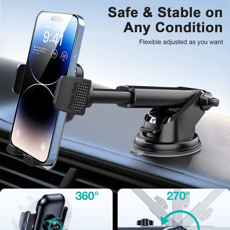 Support Telephone Voiture Ventouse sans Colle, Porte Telephone Voiture avec  Long Col de Cygne pour Pare-Brise, Rotation 360° Fixe Voiture Telephone,  Anti-Secousses Accroche Telephone Voiture