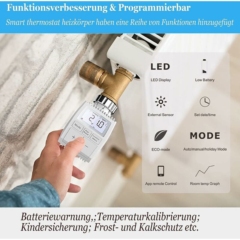 Tête Thermostatique Bluetooth (HUB REQUIS), Etersky Vanne Thermostatique  Connectée Compatible avec Alexa et Google Home, Thermostat Intelligent pour