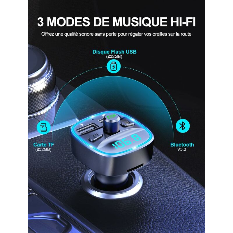 Adaptateur Bluetooth Voiture Avec émetteur FM - 2 Ports USB Charge Rapide, Mains Libres, écran LED RGB - 12-24V - 5