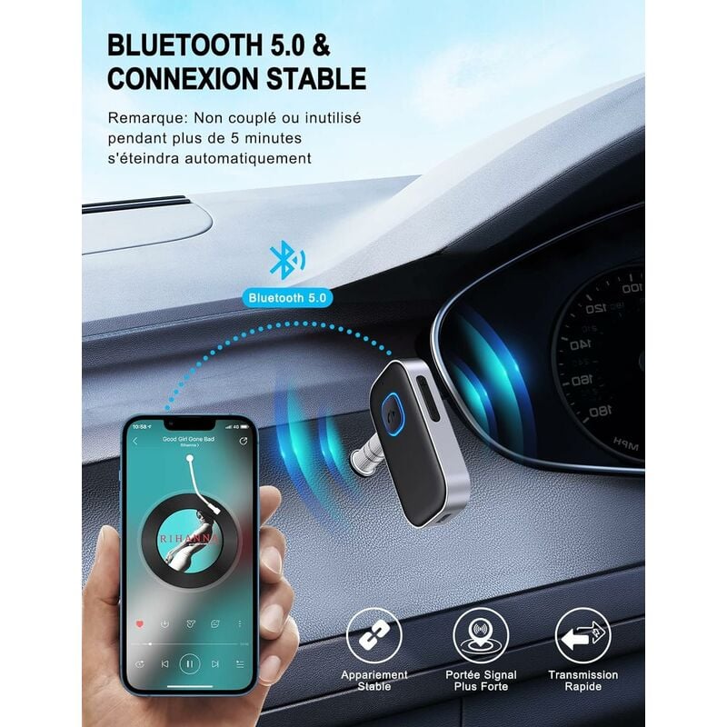 Récepteur Bluetooth 5.0 pour voiture, adaptateur auxiliaire Bluetooth  antibruit, récepteur de musique Bluetooth pour casque stéréo / filaire /  appel mains libres, 16h