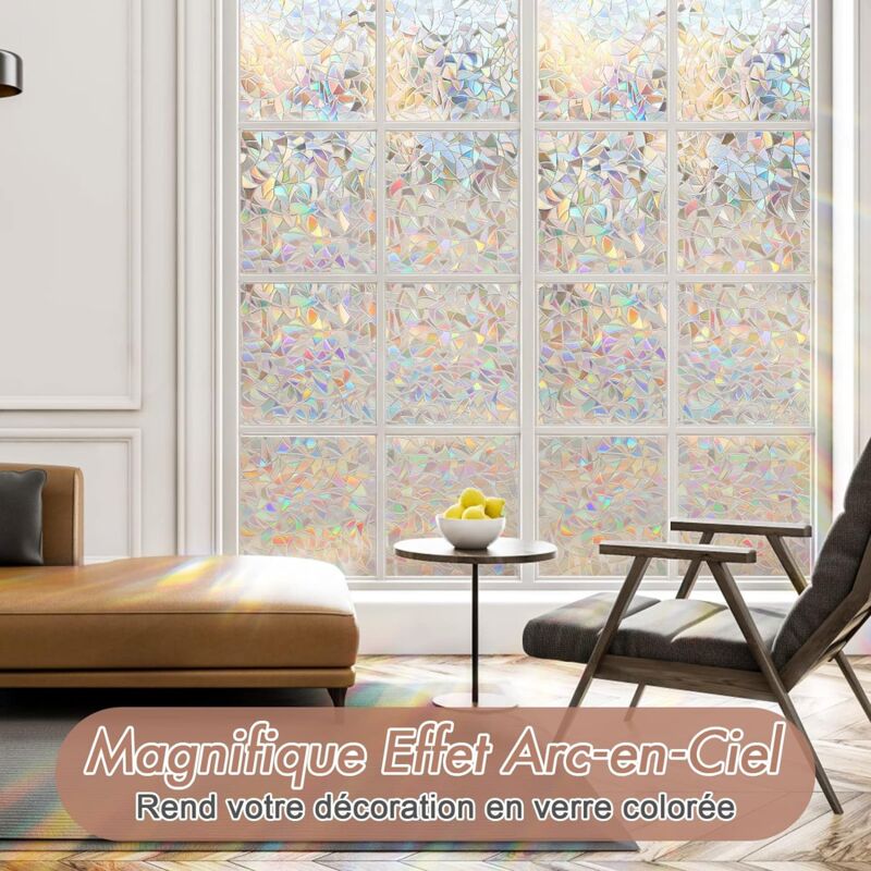 Conkov Film pour Fenêtre Intimité avec Effet Arc-en-Ciel, Adhérence Statique, sans Adhésif, Décoratif pour Salon, Cuisine, Bureau, Transparent en Forme de Croissant, 44.5 x 400 cm avec Outils