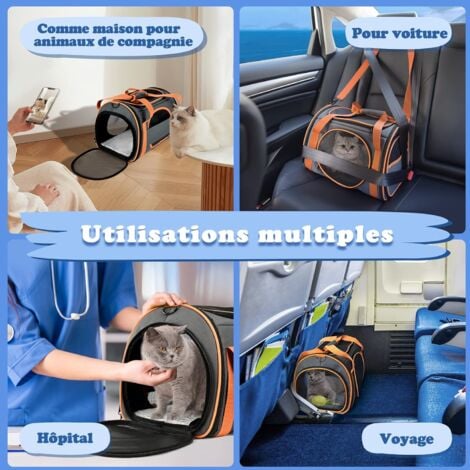 Sac Transport Chat, Caisse de Transport Chat Respirant et Pliable, Cage Transport pour Chat avec Grand Espace, Sac Transport Chat Ouverture Matelas en Peluche Amovible, Panier Transport Chat