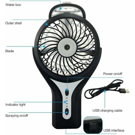 Ventilateur Brumisateur Portable Rechargeable Fay Bless – 5 Vitesses, LED, Pliable 90°, Support Téléphone, Blanc