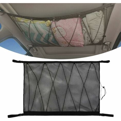 Filet de Rangement pour Voiture, Universel Sac pour Toit de Voiture avec Fermeture Éclair,Noir Organisateur Bagage Rangement Filet pour Voiture SUV Plafond (Filet Cordon Serrage)