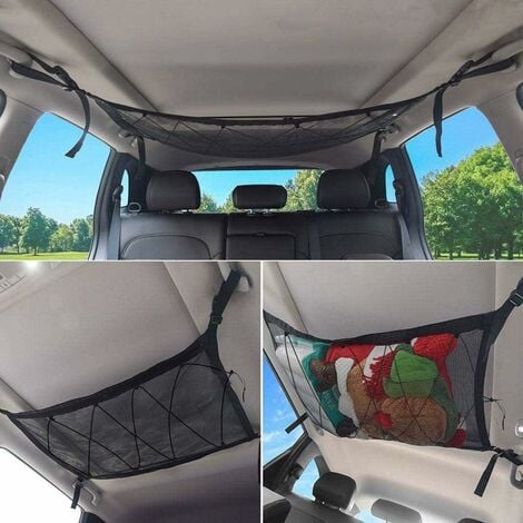 Filet de Rangement pour Voiture, Universel Sac pour Toit de Voiture avec Fermeture Éclair,Noir Organisateur Bagage Rangement Filet pour Voiture SUV Plafond (Filet Cordon Serrage)