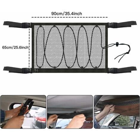 Filet de Rangement pour Voiture, Universel Sac pour Toit de Voiture avec Fermeture Éclair,Noir Organisateur Bagage Rangement Filet pour Voiture SUV Plafond (Filet Cordon Serrage)