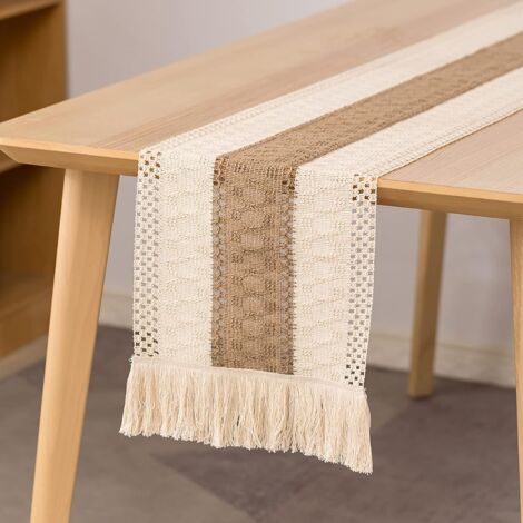 Chemin de Table en macramé, Chemin de Table à Manger 180 cm Coton Naturel et Lin, décor de Table à Pompons en Dentelle au Crochet bohème