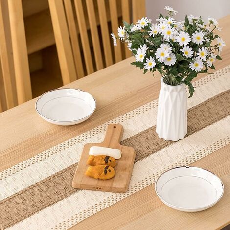 Chemin de Table en macramé, Chemin de Table à Manger 180 cm Coton Naturel et Lin, décor de Table à Pompons en Dentelle au Crochet bohème