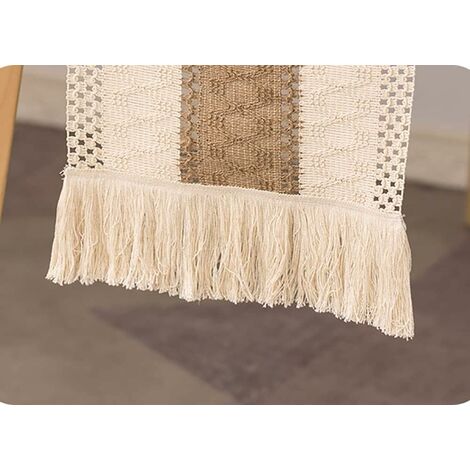 Chemin de Table en macramé, Chemin de Table à Manger 180 cm Coton Naturel et Lin, décor de Table à Pompons en Dentelle au Crochet bohème
