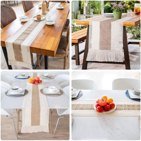 Chemin de Table en macramé, Chemin de Table à Manger 180 cm Coton Naturel et Lin, décor de Table à Pompons en Dentelle au Crochet bohème