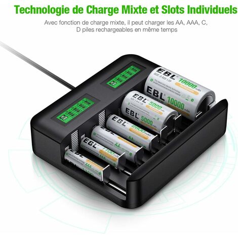 Chargeur de Piles Rechargeables AA/LR6, AAA/LR3, C/LR14, D/LR20, 9V, NiCd  et NiMh + ALCALINES - Ecran LCD Charge - Universel 4 Piles + 2 Ports USB