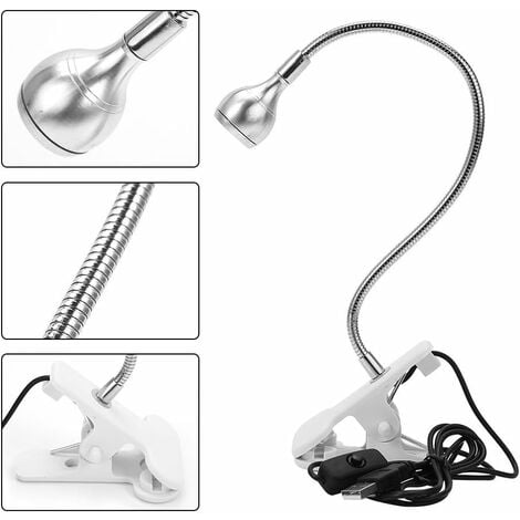 Clip Light, Portable Flexible Col de Cygne USB LED Lampe de Lecture Table Ordinateur Clip Lampe Blanc Froid Lit Lumière Clip sur Lampe de Bureau(Argent)