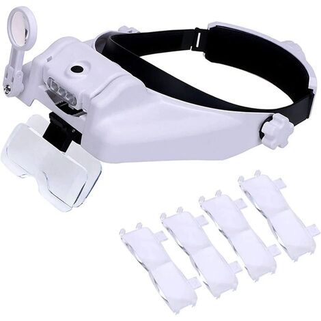 Loupe avec lumière, visière de loupe à montage sur la tête avec 3 LED de loupe de bijoutier, 1X à 8x Zoom mains libres avec lunettes éclairées pour lecture, couture, réparation de montres (1/5)