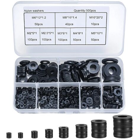 500 Pièces Rondelles Plates Nylon Noir, Rondelles Plates Isolation Rond Joint Spacer Joint Plomberie Assortiment Kit- M2/M2.5/M3/M4/M5/M6/M8/M10 (1/5)